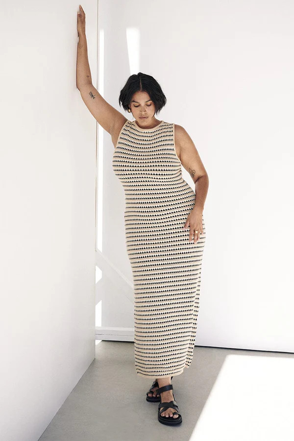 MIMI STRIPED CROCHET BOAT NECK DRESS | DISSH