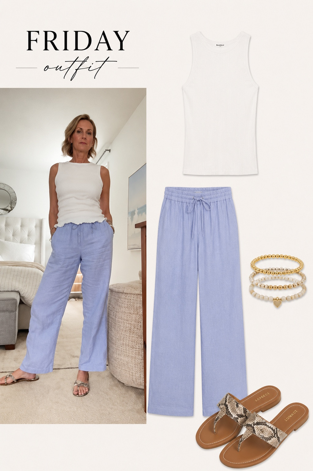 This is the kind of easy summer outfit I always reach for when I want to feel comfortable but still put together. The soft blue linen pants paired with the fitted white tank feels effortless, lightweight, and perfect for warm weather. I added the python sandals and simple bracelets to give it a little elevated touch without overdoing it. Such a great outfit for casual Fridays, vacation, errands, lunch dates, or summer travel days. Everything is linked directly in the image for easy shopping.

#LTKSeasonal #LTKootd
