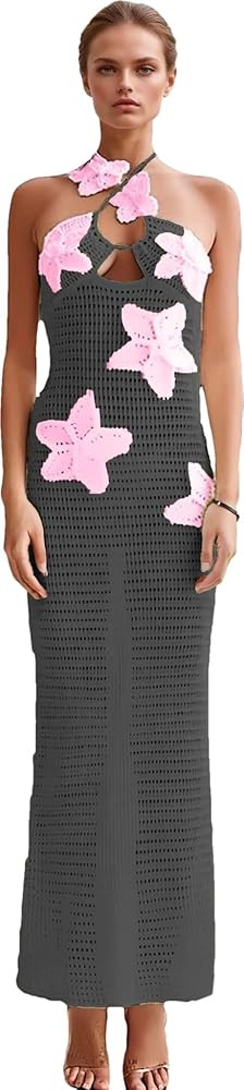 RanRui Women's Halter 3D Flower Knitted Hollow Out Beach Dress balckless Open Back Swimsuit Cover... | Amazon (US)