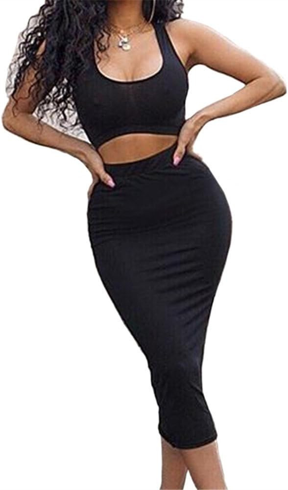 GOBLES Women's Sexy Summer Outfits Bodycon Tank Top Midi Skirt 2 Piece Dress | Amazon (US)