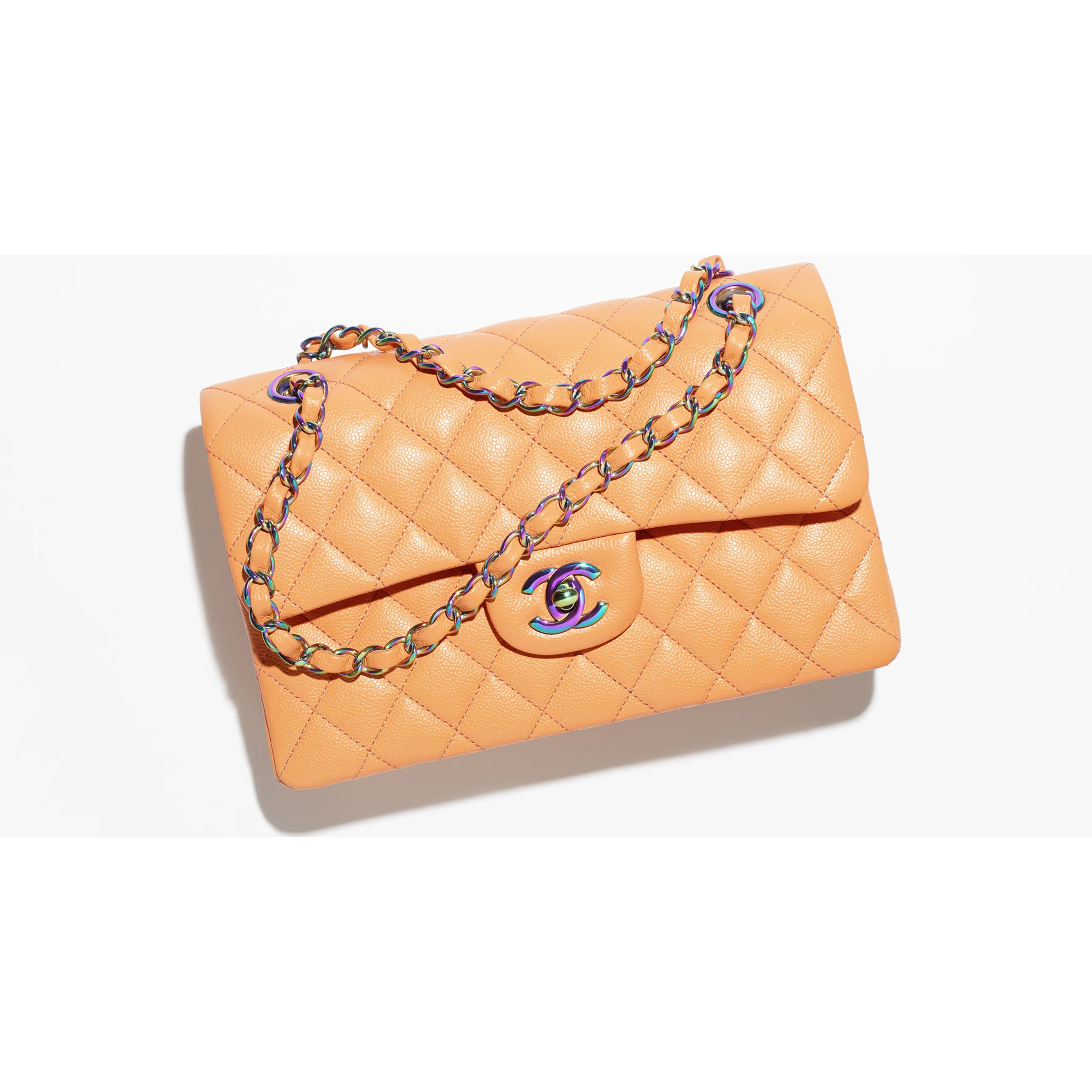 Small classic handbag, Grained shiny calfskin & gold-tone metal, coral pink — Fashion | CHANEL | Chanel, Inc. (US)