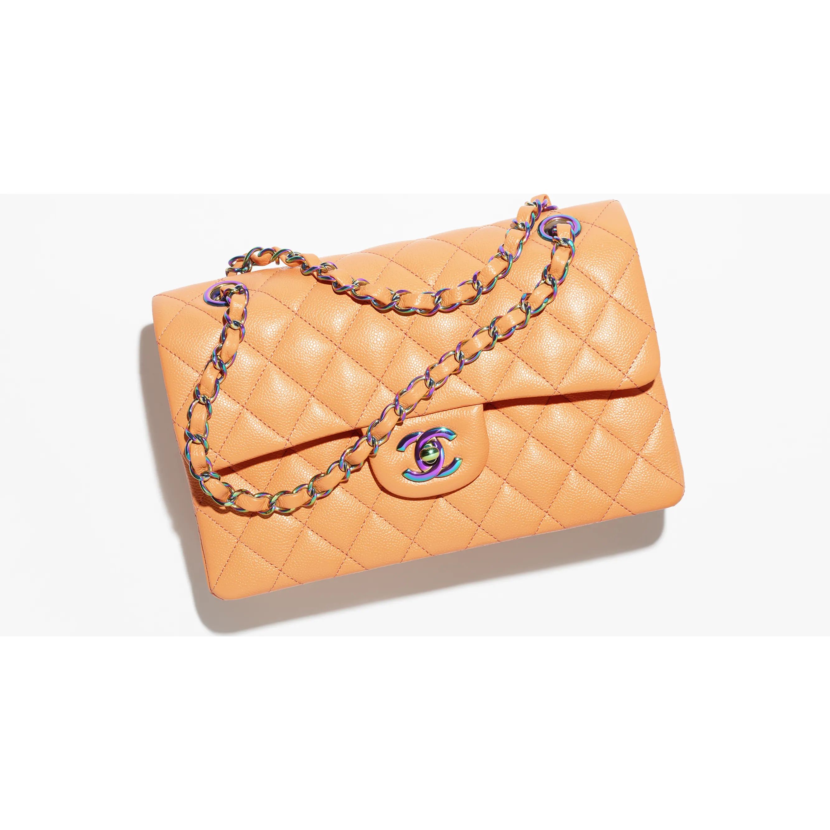 Small classic handbag, Grained shiny calfskin & gold-tone metal, coral pink — Fashion | CHANEL | Chanel, Inc. (US)