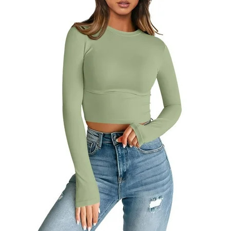 Long Sleeve Tops Solid Long Sleeve Scoop Neck Crop Top Slim Womens Shirts Light Green Size L | Walmart (US)
