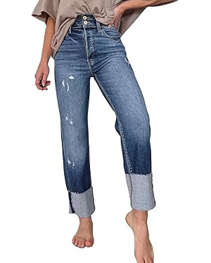 Sidefeel Women's High Waisted Tummy Control Jeans Cuffed Boyfriend Straight Leg Two Buttons Rippe... | Amazon (US)
