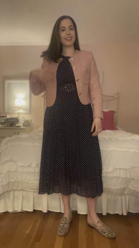 Polka dot dress, midi dress, spring workwear, polka dot midi dress, work style, business casual, workwear, office style, office outfit, pink blazer, pink lady jacket, pink mules, gucci mules, suit jacket, lady jacket 

#LTKworkwear #LTKfindsunder100 #LTKSeasonal