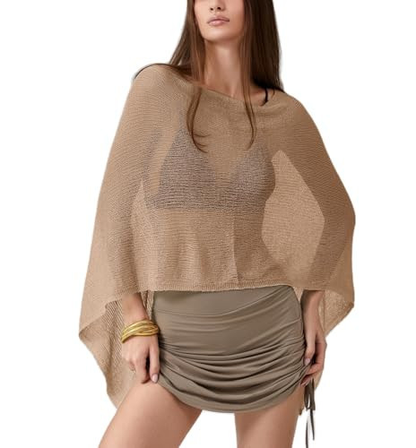 Women Sheer Knit Poncho Y2k See Through Shrug Crochet Mesh Cover Up Lightweight Asymmetrical Beach Shawl Cape Top (brown, ONE SIZE) | Amazon (US)