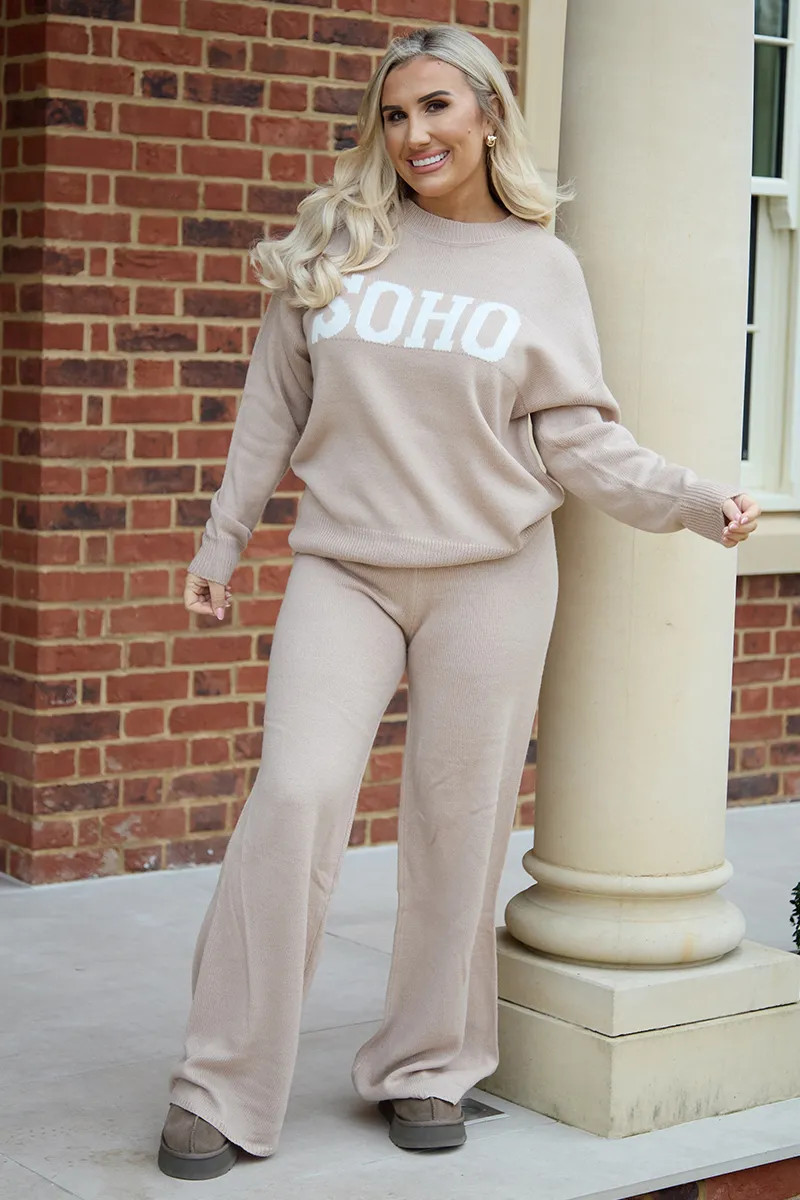 Oatmeal Knitted Wide Leg Co-Ord Jogger | In The Style