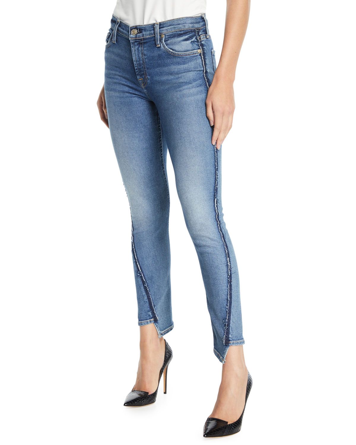 Mid-Rise Twisted Ankle Skinny Jeans with Exposed Seams | Neiman Marcus