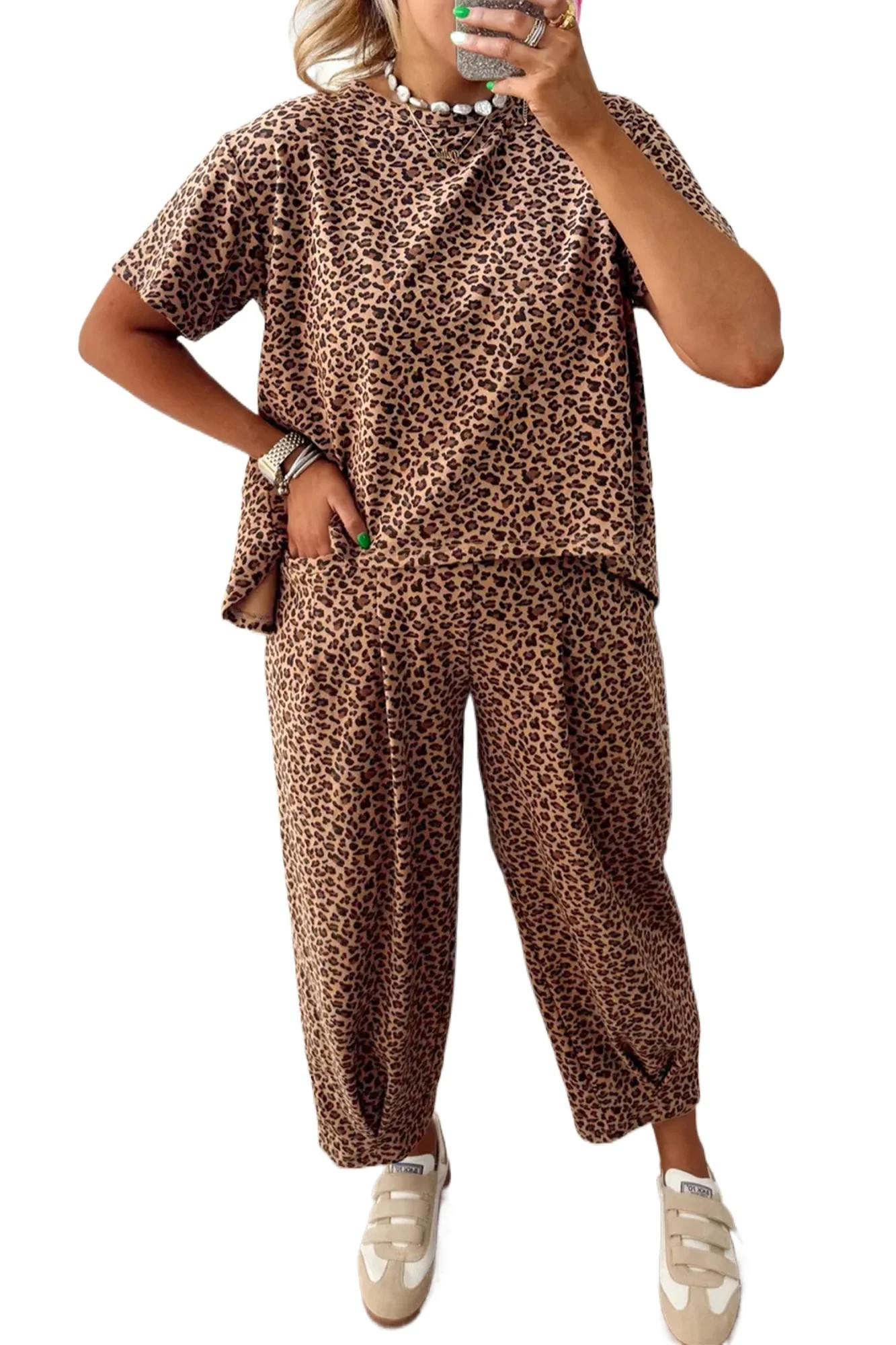 Casual Brown Leopard Tee with Barrel Pants Set – Stylish Summer Outfit for Women, L - Walmart.c... | Walmart (US)