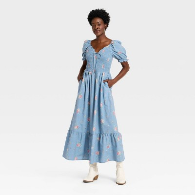 Women's Western Puff Short Sleeve Smocked Midi A-Line Dress - Universal Thread™ Blue Floral XL | Target
