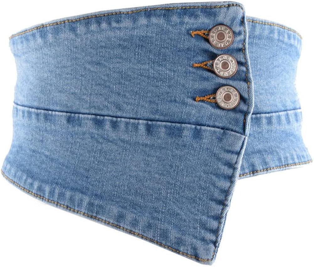 Women Elastic Slim Corset Belt Denim Waistband Irregular Wide Jean Belt with Buttons Blue, One Si... | Amazon (US)