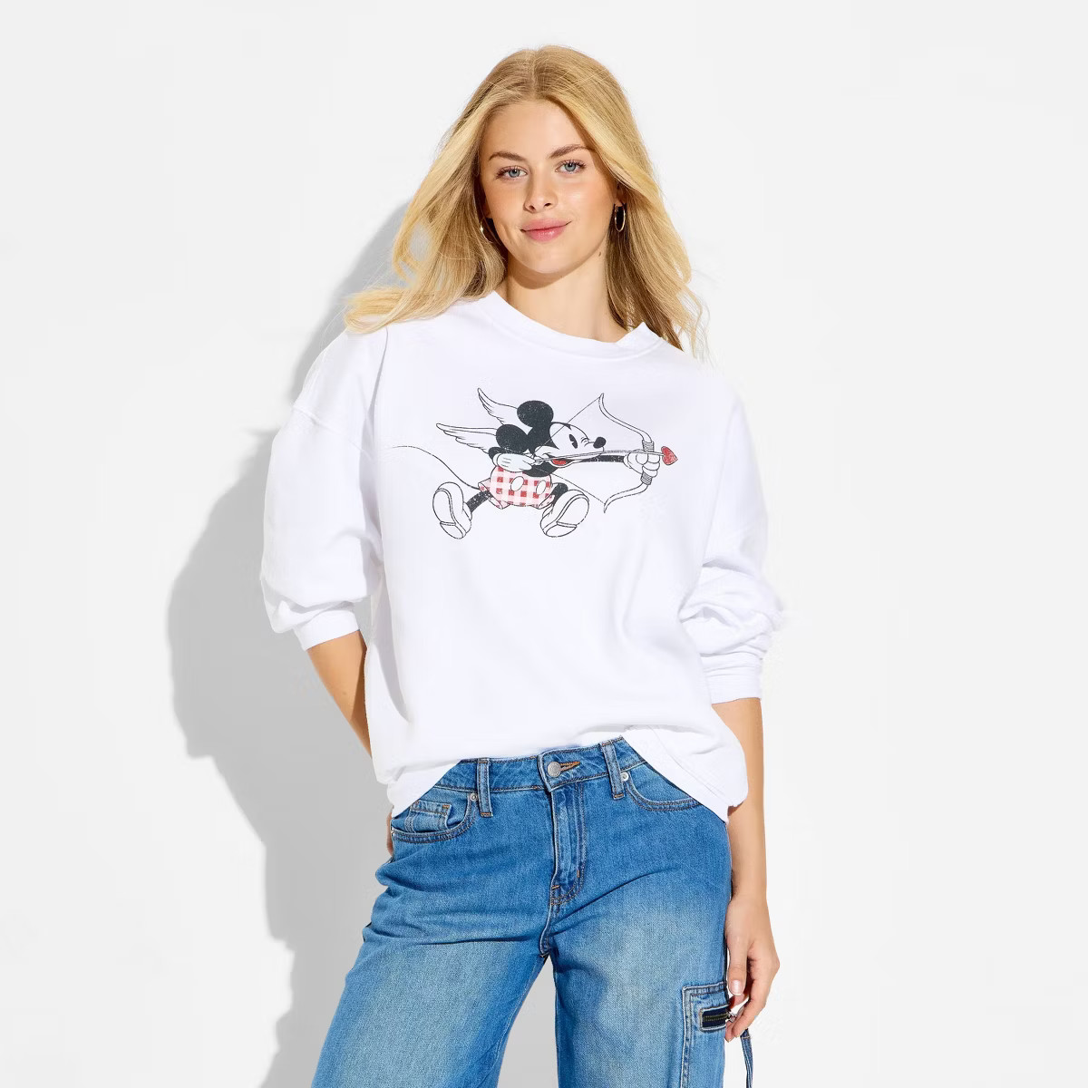 Women's Mickey Cupid Graphic Pullover Sweatshirt - White | Target