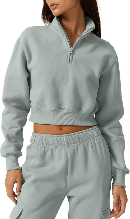 QINSEN Womens Half Zip Crop Sweatshirt High Neck Long Sleeve Pullover Cropped Top | Amazon (US)
