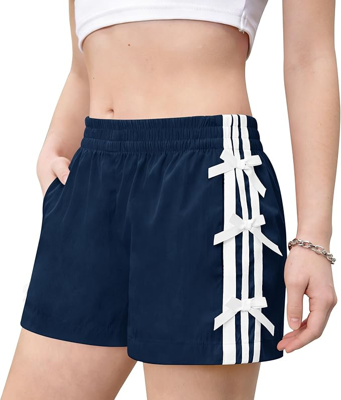 Amazon.com: IIMMER Girls Y2K Striped Track Shorts with Bowknot - Wide Leg, Elastic Waistband & Po... | Amazon (US)