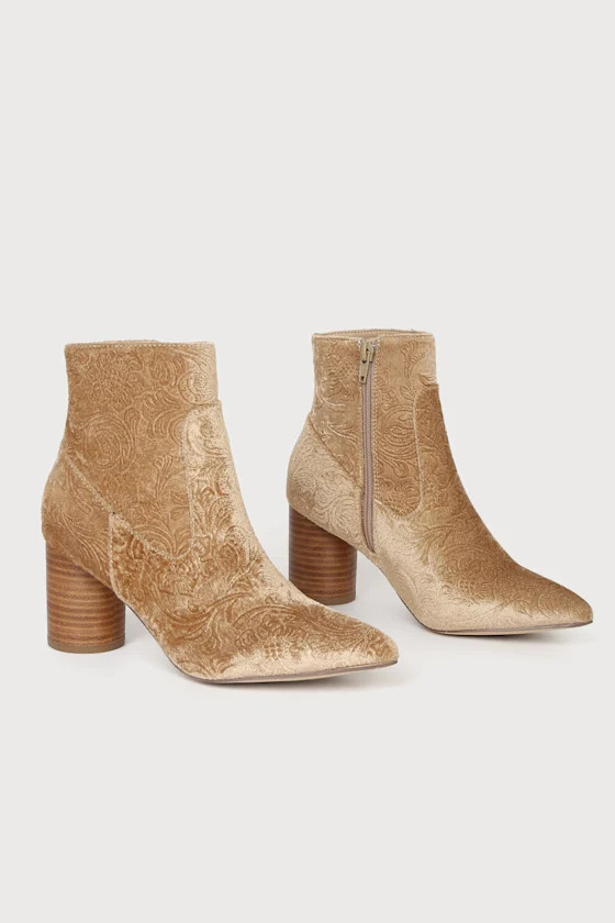 Alana Natural Floral Jacquard Velvet Ankle Boots | Lulus (US)