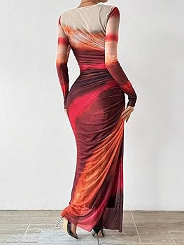 Women's Tie Dye Long Sleeve Maxi Dress Bodycon Ruched Night Out Formal Cocktail Long Dress for We... | Amazon (US)