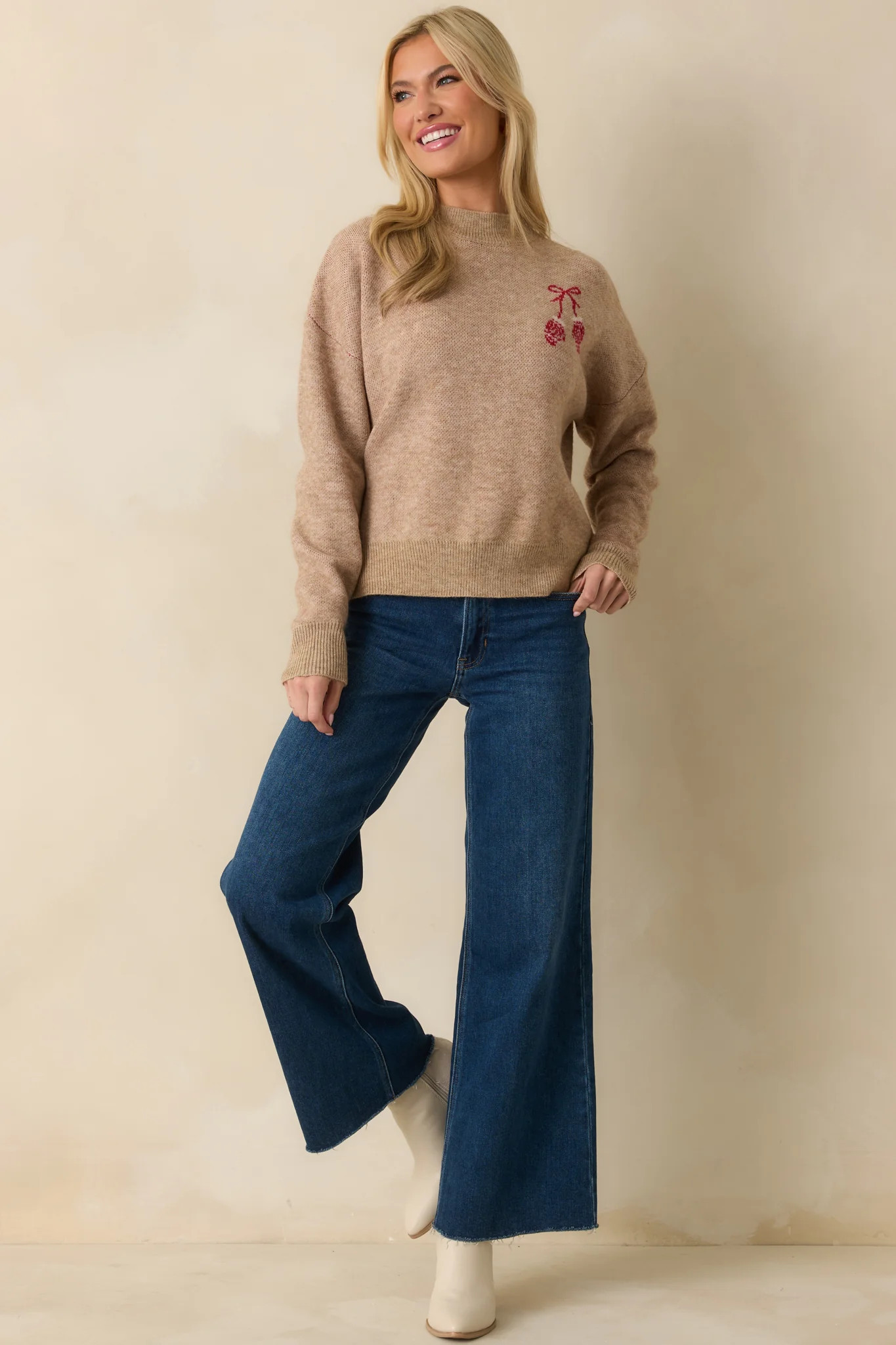 Getting The Warm Fuzzies Mocha Embroidered Mitten Sweater | Red Dress