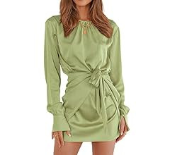 PRETTYGARDEN Women's 2022 Fall Satin Dress Long Sleeve Tie Waist Elegant Cocktail Party Mini Dres... | Amazon (US)
