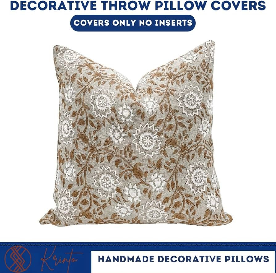 Designer Tan Beige Floral Design on Natural Linen Pillow Cover, Beige and White Pillow Cover, Boh... | Amazon (US)