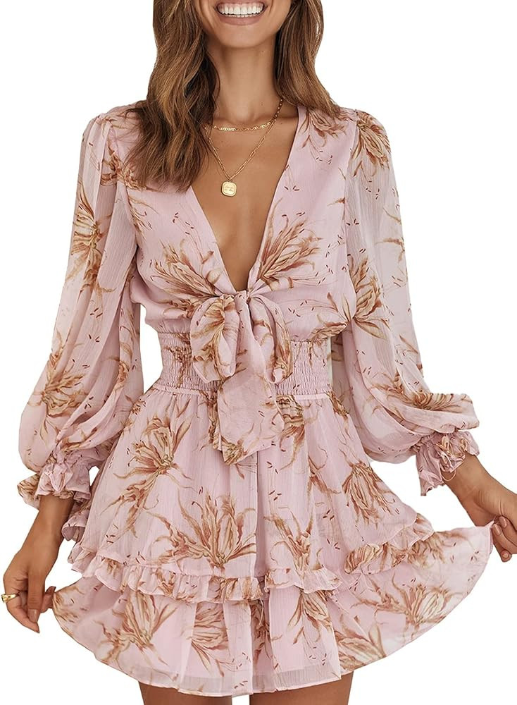 AlvaQ Womens Spring Summer Knot Front V Neck Ruffles Long Sleeve Floral Print Swing Mini Dress | Amazon (US)