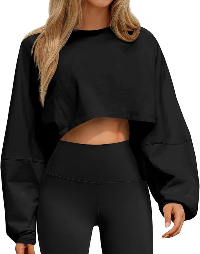 Tankaneo Womens Long Ballon Sleeve Sweatshirts Tops Cropped Crew Neck Loose Fit Casual Workout Sh... | Amazon (US)