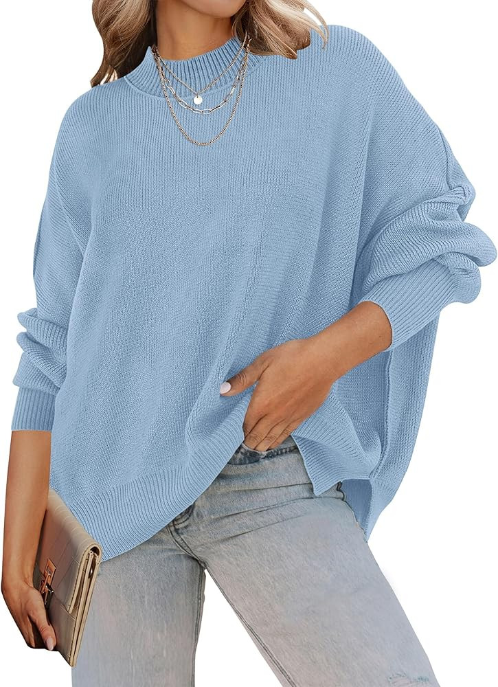 ZESICA Women's 2024 Fall Casual Long Sleeve Crew Neck Side Slit Oversized Ribbed Knit Pullover Sw... | Amazon (US)