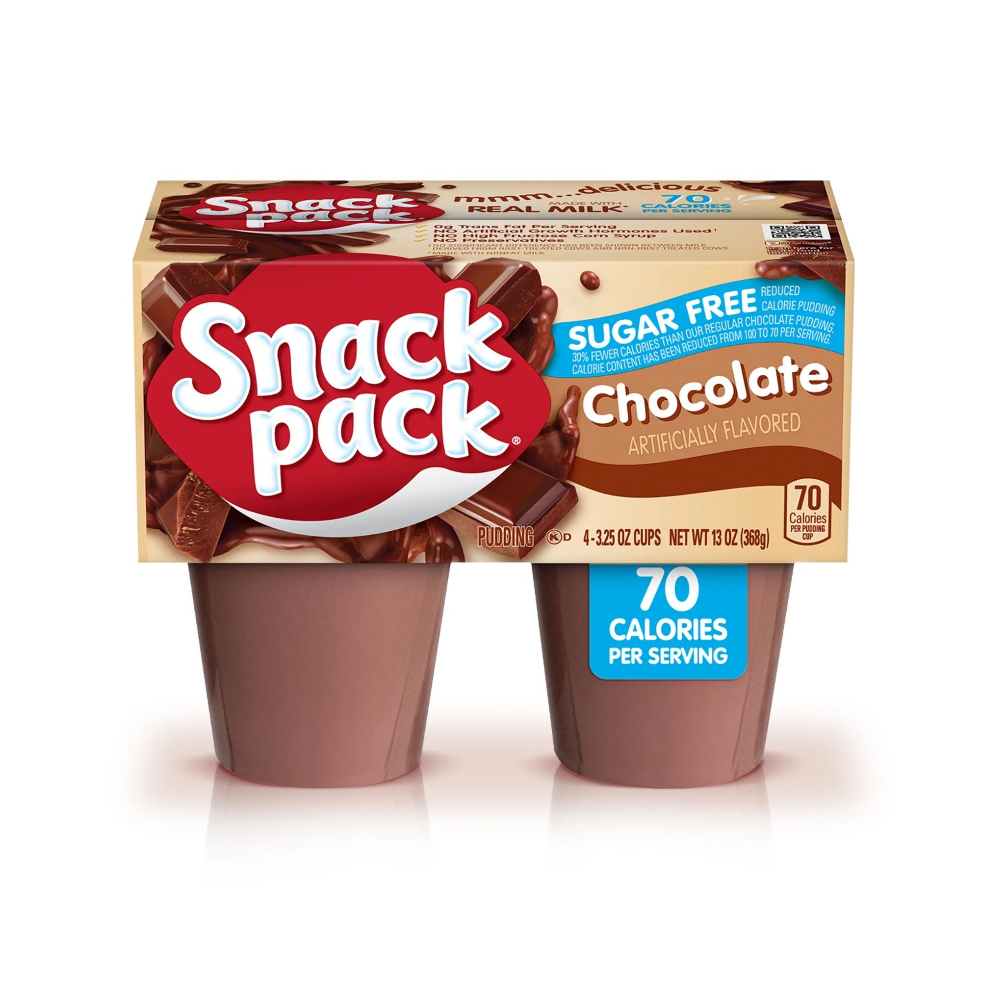 Snack Pack Sugar Free Chocolate Flavored Pudding, 4 Count Pudding Cups | Walmart (US)