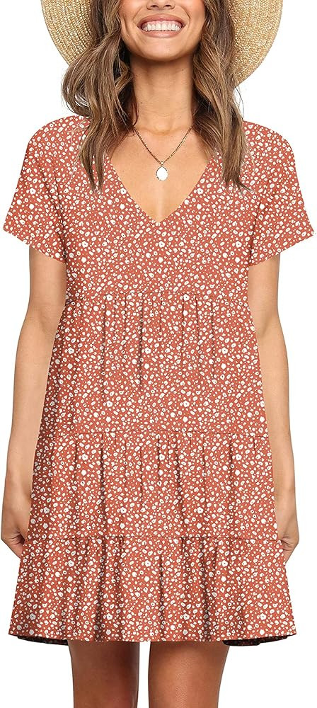 Hocuos Women Summer Tunic Dress V Neck Pleated Short Sleeves Casual Flowy Tshirt Dresses Solid Co... | Amazon (US)