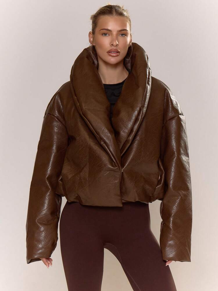 MUSERA Thick Padded Fold Over Collar Faux Leather Jacket Night Out Autumn Fall Winter Back To Sch... | SHEIN