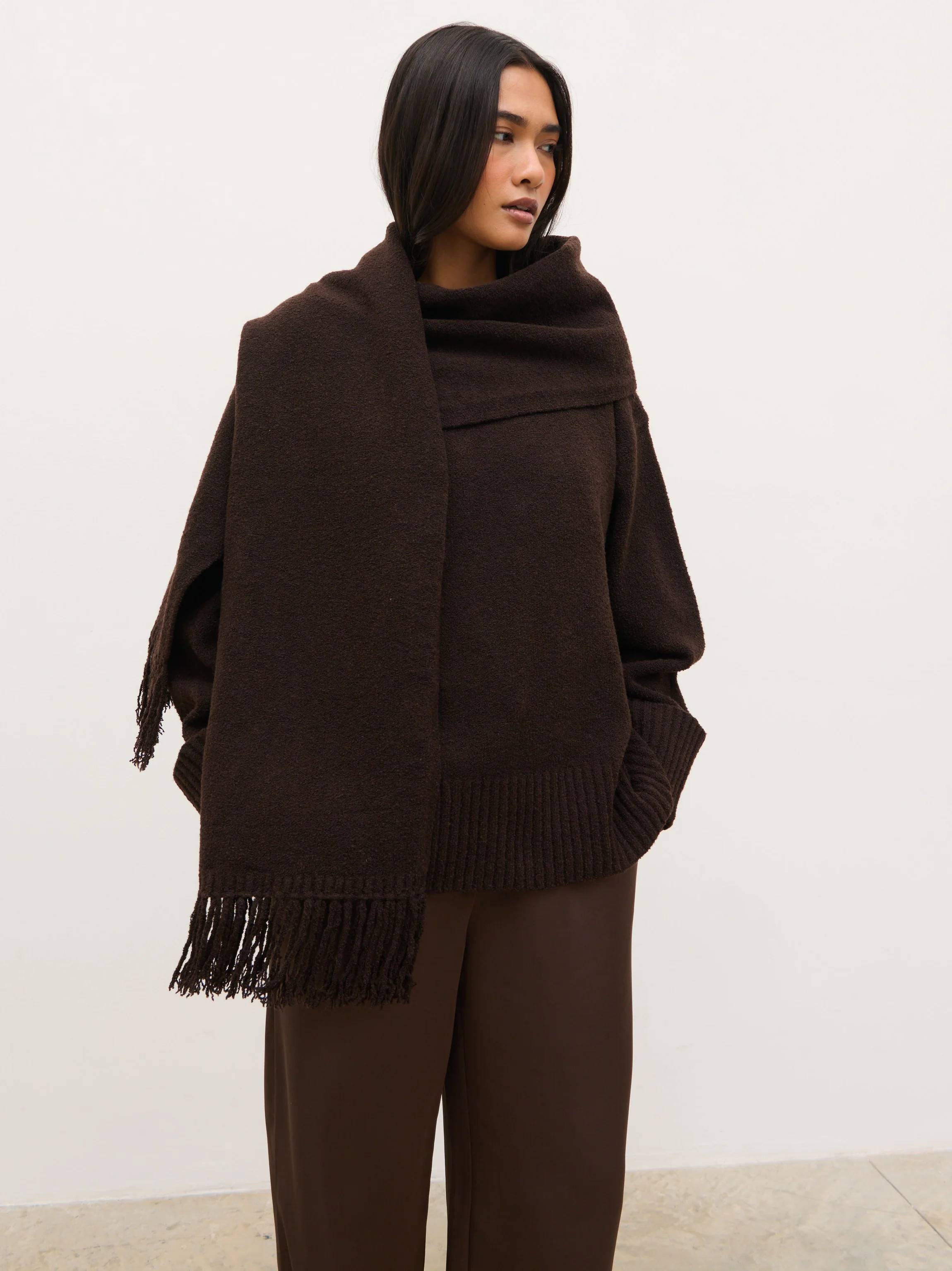 Camille Fringe Knit Scarf - Chocolate Brown | Pretty Lavish (UK)