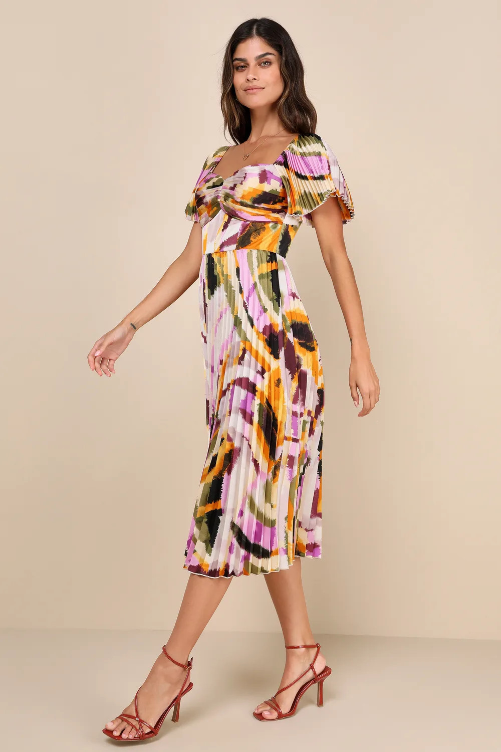 Authentically Yours Cream Multi Abstract Print Satin Midi Dress | Lulus