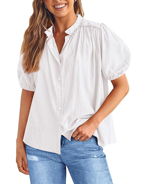 PRETTYGARDEN Women's 2026 Summer Button Down Shirts Short Lantern Sleeve V Neck Cotton Cute Tops ... | Amazon (US)
