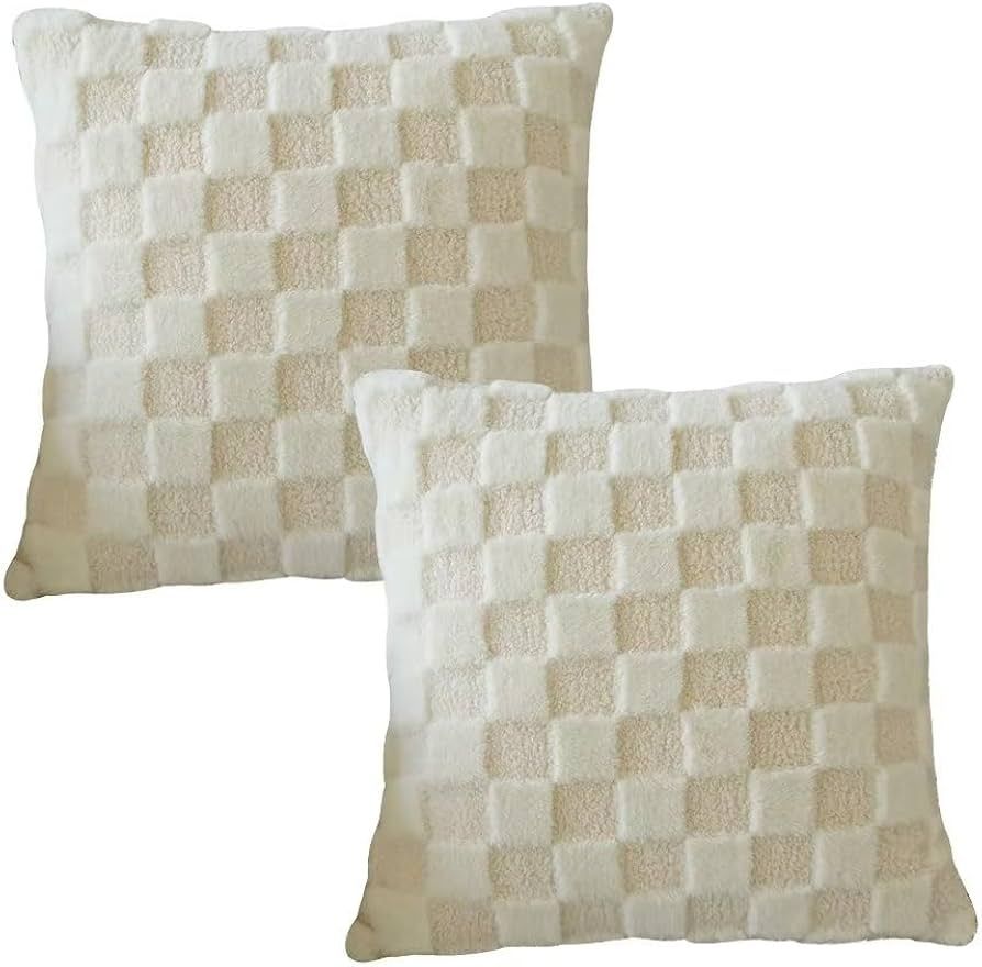 YDBDAT Soft Faux Fur Throw Pillow Covers Checkered Decorative Pillow Cases 18x18 Set of 2 Square ... | Amazon (US)