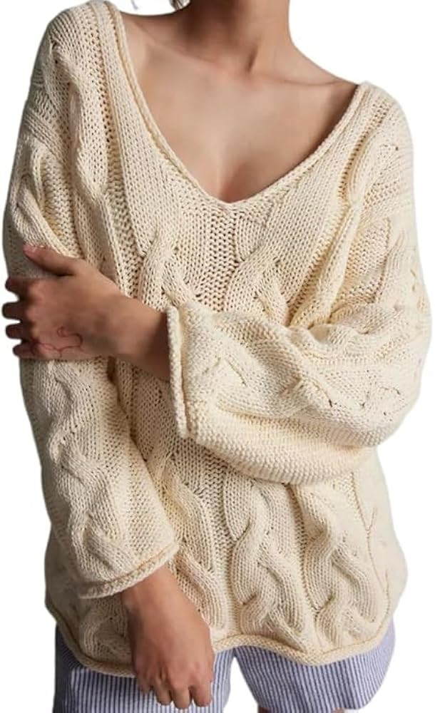 Melliflo Womens Oversized Cable Knit Sweater Fall V Neck Chunky Knit Sweater Casual Pullover Swea... | Amazon (US)