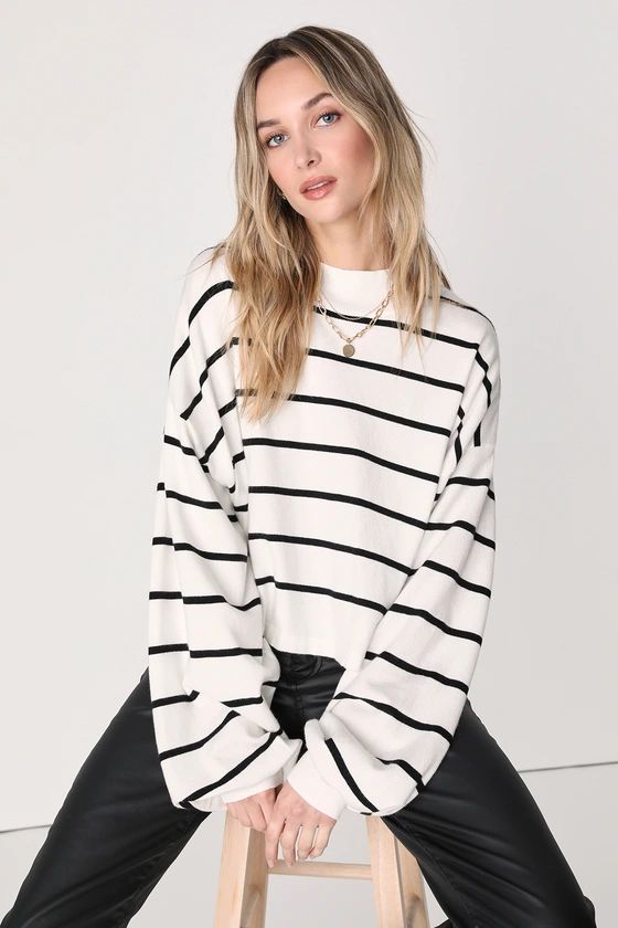 Cruising for Cozy White Striped Knit Balloon Sleeve Sweater | Lulus (US)