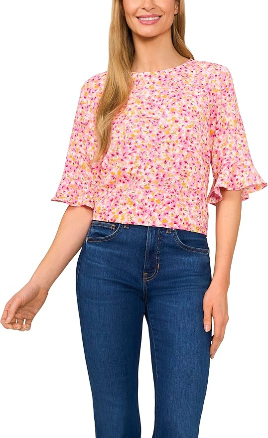 CeCe Women's Floral Ruffle Cuff Crew Neck 3/4 Sleeve Top | Amazon (US)
