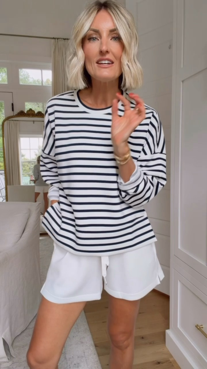The Spanx AirEssentials collection is a long time favorite of mine for a good reason! This navy and white striped crewneck top is cloud soft! Perfect loungewear and would be so cute for travel or work from home. Wearing S

Loverly grey, everyday outfit, casual loungewear, athleisure, navy and white striped top, casual shorts set

#LTKSeasonal #LTKTravel