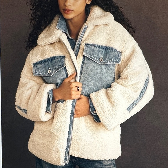 New with Tag! $178 Anthropologie Pilcro Cream Sherpa Jacket with Denim Trim sz M | Poshmark