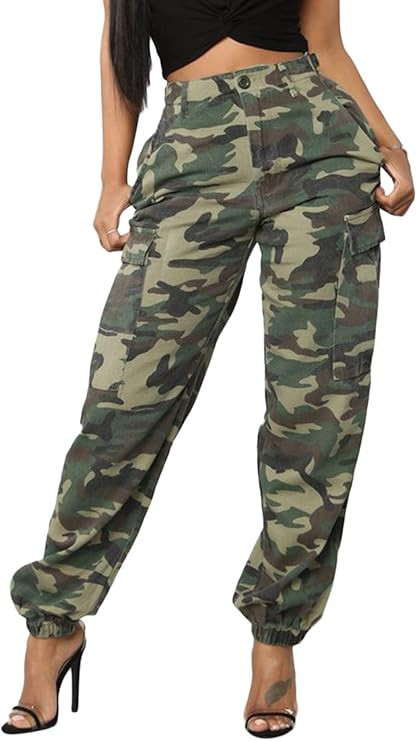 Amazon.com: DRESSMECB Women's Casual Camouflage Loose Elastic Button Cargo Pants with Pockets Cam... | Amazon (US)