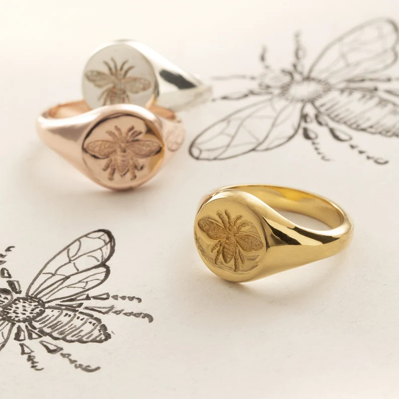 Sterling silver and gold honey bee signet ring | Etsy (US)