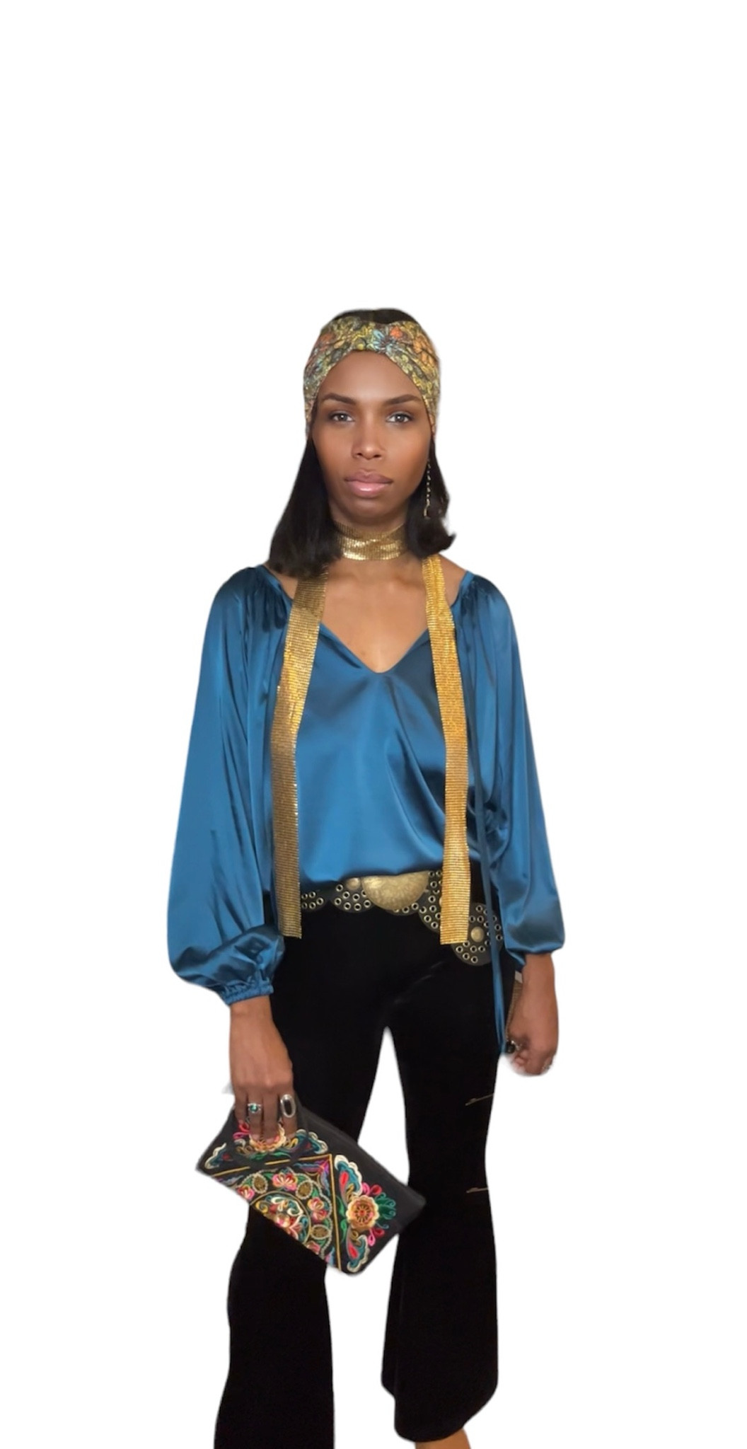 Retro fashion outfit of the day, blue satin blouse, black pants, gold accessories, black belt, headband, 1970s fashion, boho style 

#LTKstyletip #LTKfindsunder100 #LTKfindsunder50