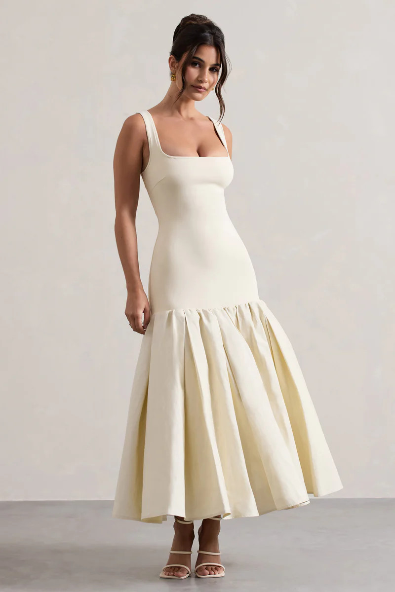 Parida | Cream Poplin Drop-Waist Maxi Dress With Peplum Hem | Club L London