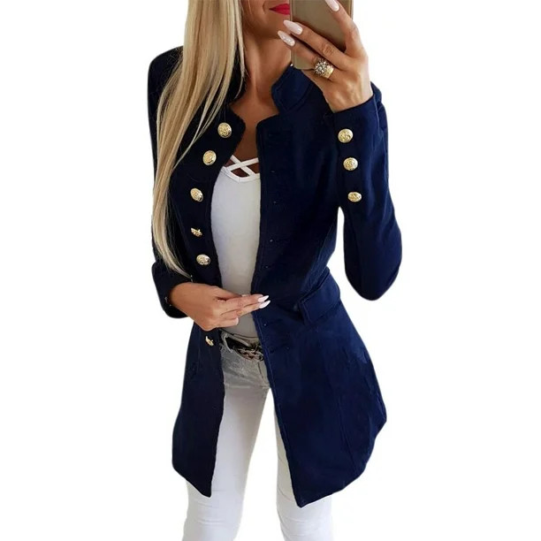 Toutek Women Blazer Jacket Office Lady Vintage Autumn Solid Slim Coat (Blue S) - Walmart.com | Walmart (US)