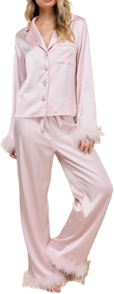 Muineobuka Women Silk Satin Pajama Set Long Sleeve Button Feather Trim Shirt Matching Wide Leg Pa... | Amazon (US)