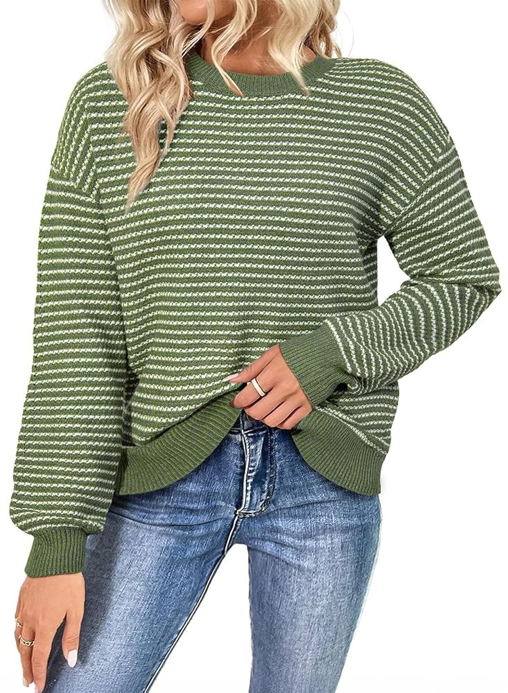 SHEWIN Womens Long Sleeve Crewneck Sweaters Casual Knit Striped Side Split Pullover Sweater Tops | Amazon (US)