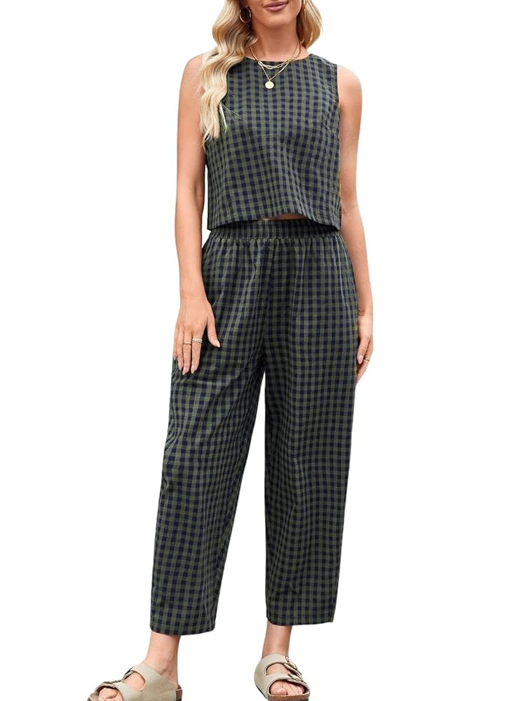 Womens Cotton Checker Set 2 Piece Beach Vacation Outfit Summer Tank Top Pants Suit | Amazon (US)