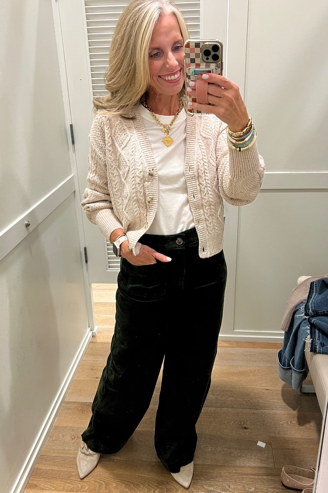 Dark green cords with wide leg and front patch pockets. Run generous, so size down 
Cute sweater for layering or wear alone  

#LTKOver40 #LTKSaleAlert #LTKFindsUnder100