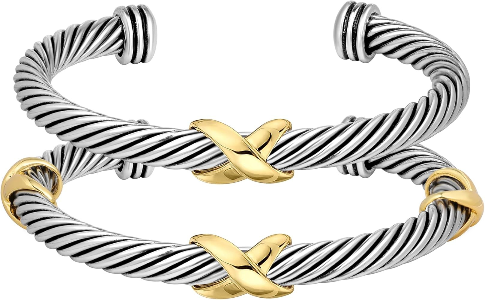 2 Pcs Cable Cuff Bracelets for Women Twisted Bangle, Cable Wire Bangle Bracelets Two Tone - Stain... | Amazon (US)