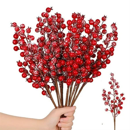 HYG 12 Pcs Artificial Snowy Red Berry Branches Christmas Frosted Holly Berry Picks Winter Twig Fake Berries Branches for Xmas Tree DIY Gift Garland Decorations 8.2 inch | Walmart (US)