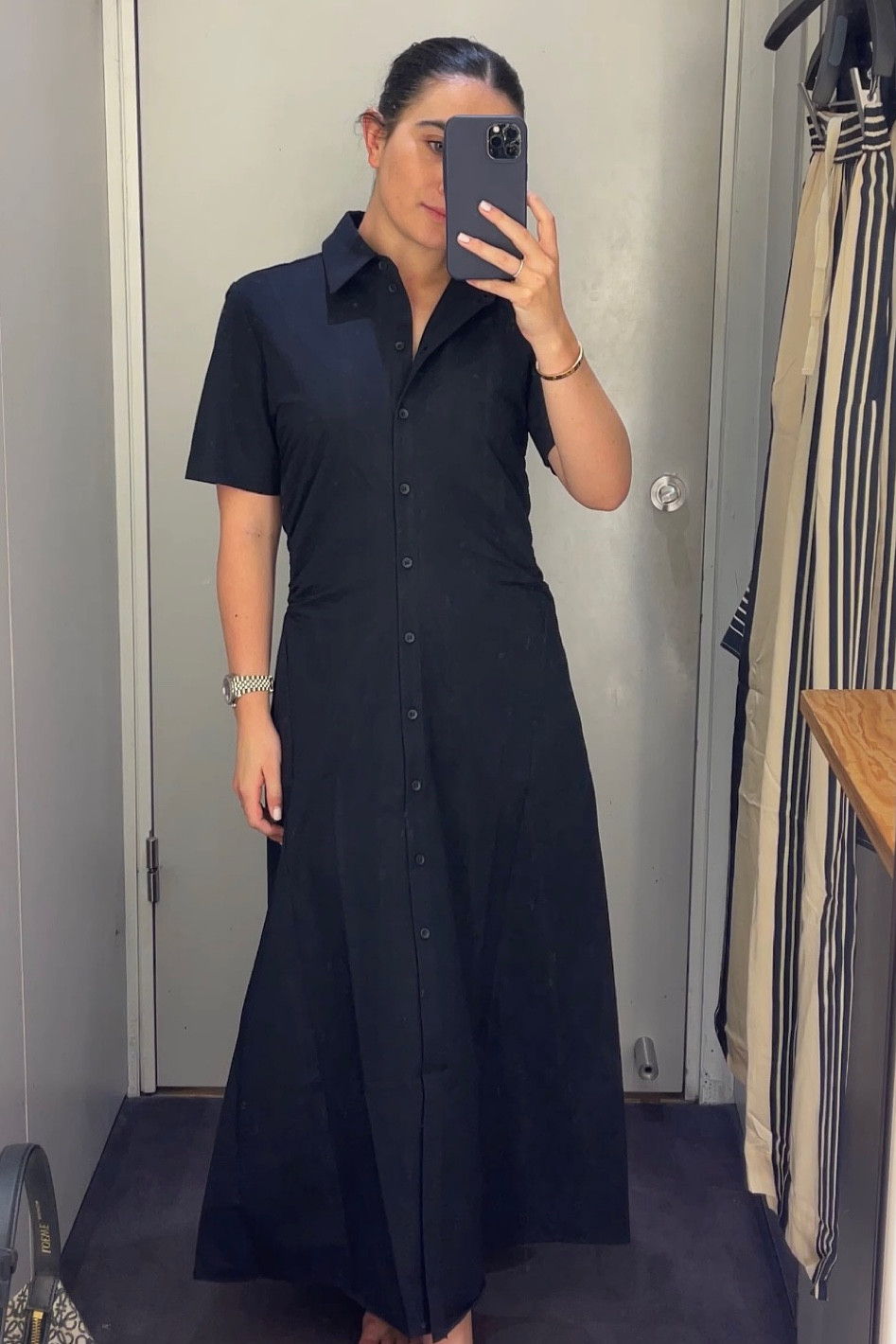 flowy black midi dress The Emmie Satin Flowy Smocked Dress in Black M